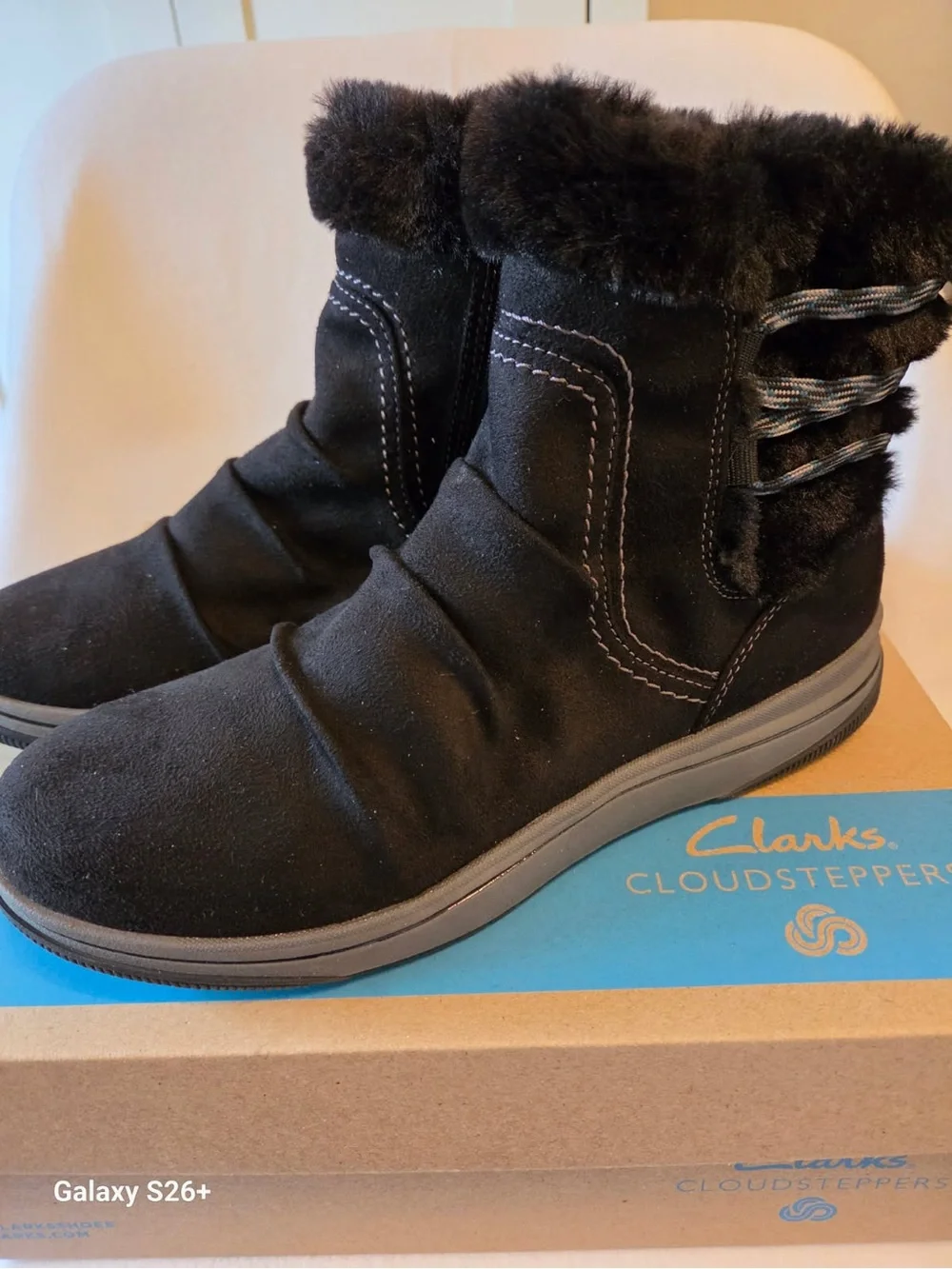 Clarks Black Suede Faux-Fur Trim Winter Ankle Boots